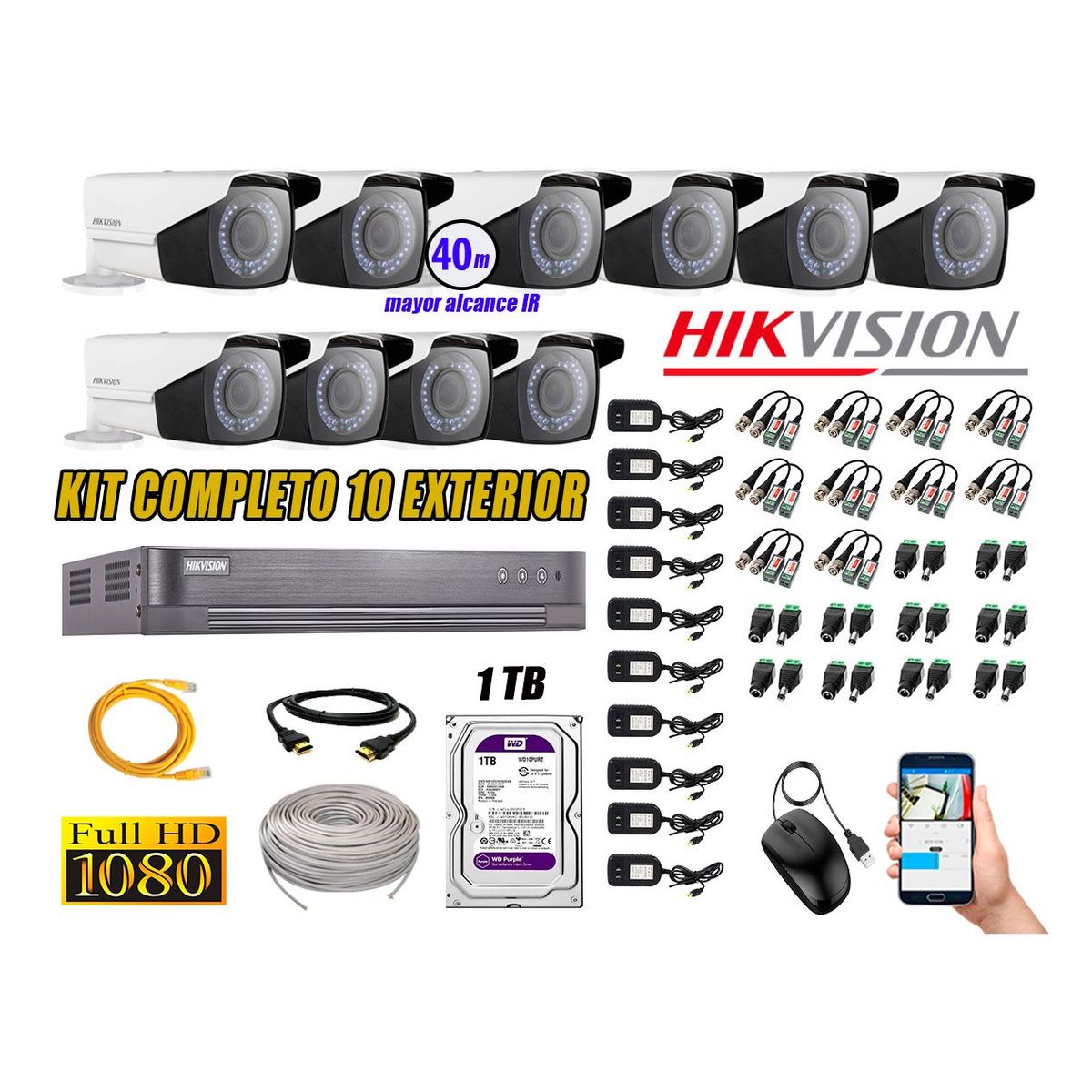 HIKVISION - Cámaras de Seguridad Exterior Varifocal Kit 10 Full HD 1080P + Disco 1TB WD CCTV