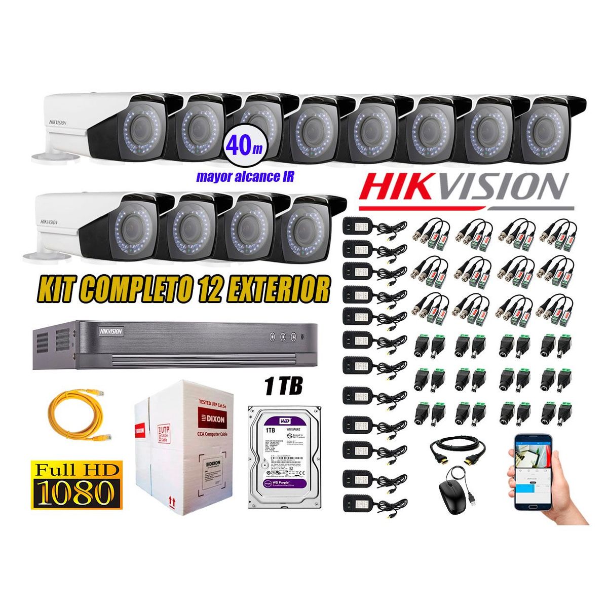 HIKVISION - Cámaras de Seguridad Exterior Varifocal Kit 12 Full HD 1080P + Disco 1TB WD CCTV