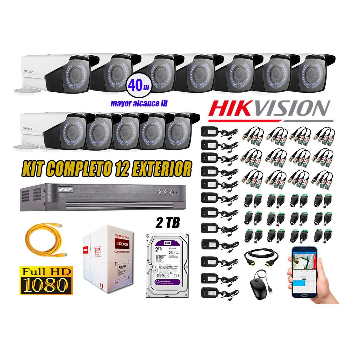 HIKVISION - Cámaras de Seguridad Exterior Varifocal Kit 12 Full HD 1080P + Disco 2TB WD CCTV P2P
