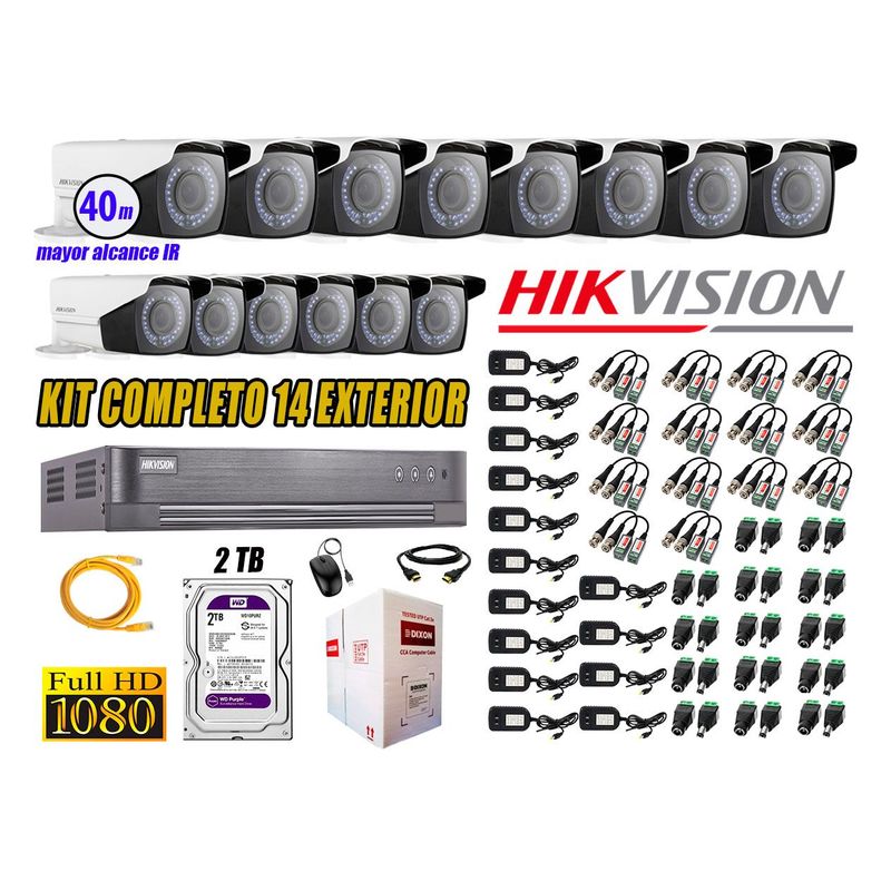 HIKVISION - Cámaras de Seguridad Exterior Varifocal Kit 14 Full HD 1080P + Disco 2TB WD CCTV P2P