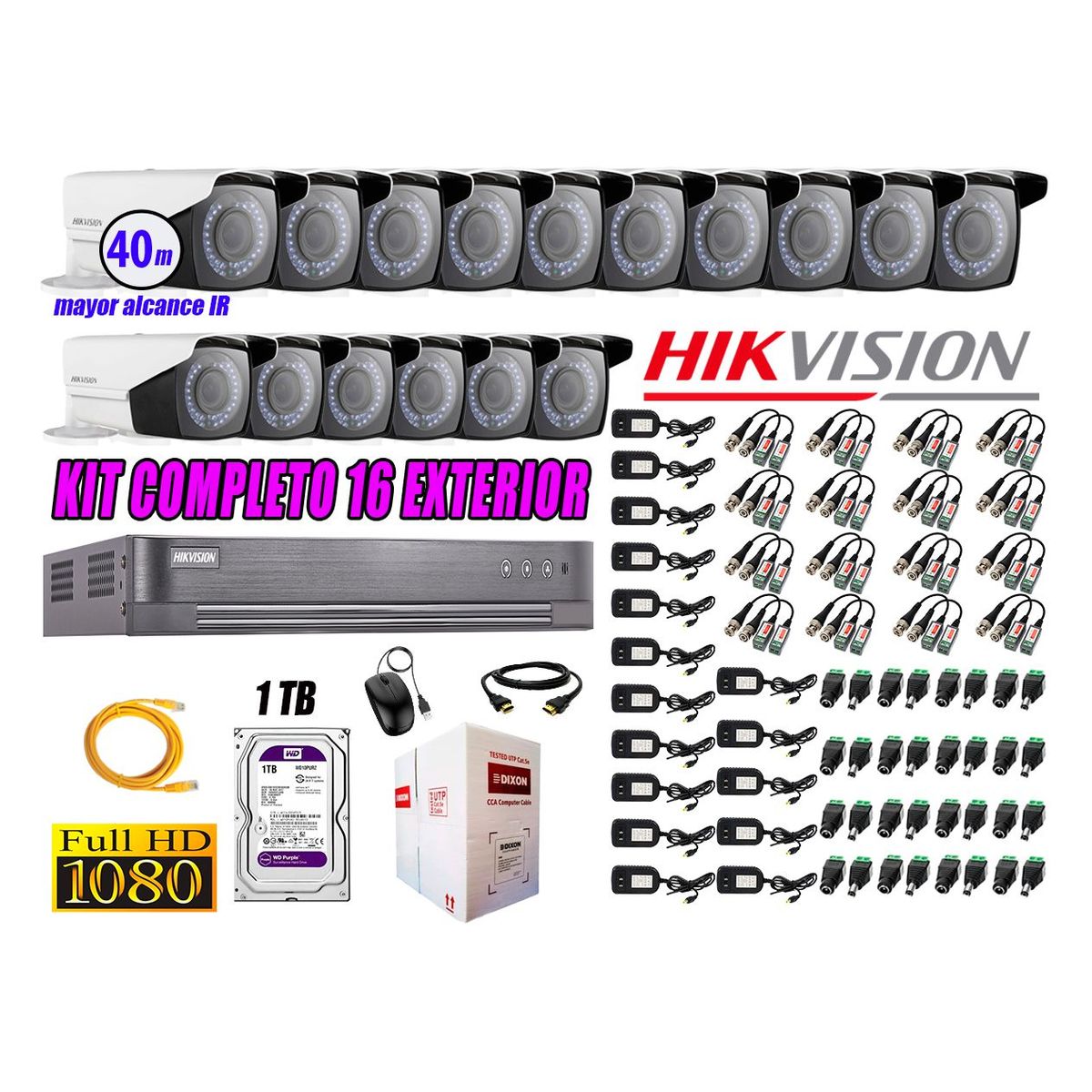 HIKVISION - Cámaras de Seguridad Exterior Varifocal Kit 16 Full HD 1080P + Disco 1TB WD CCTV