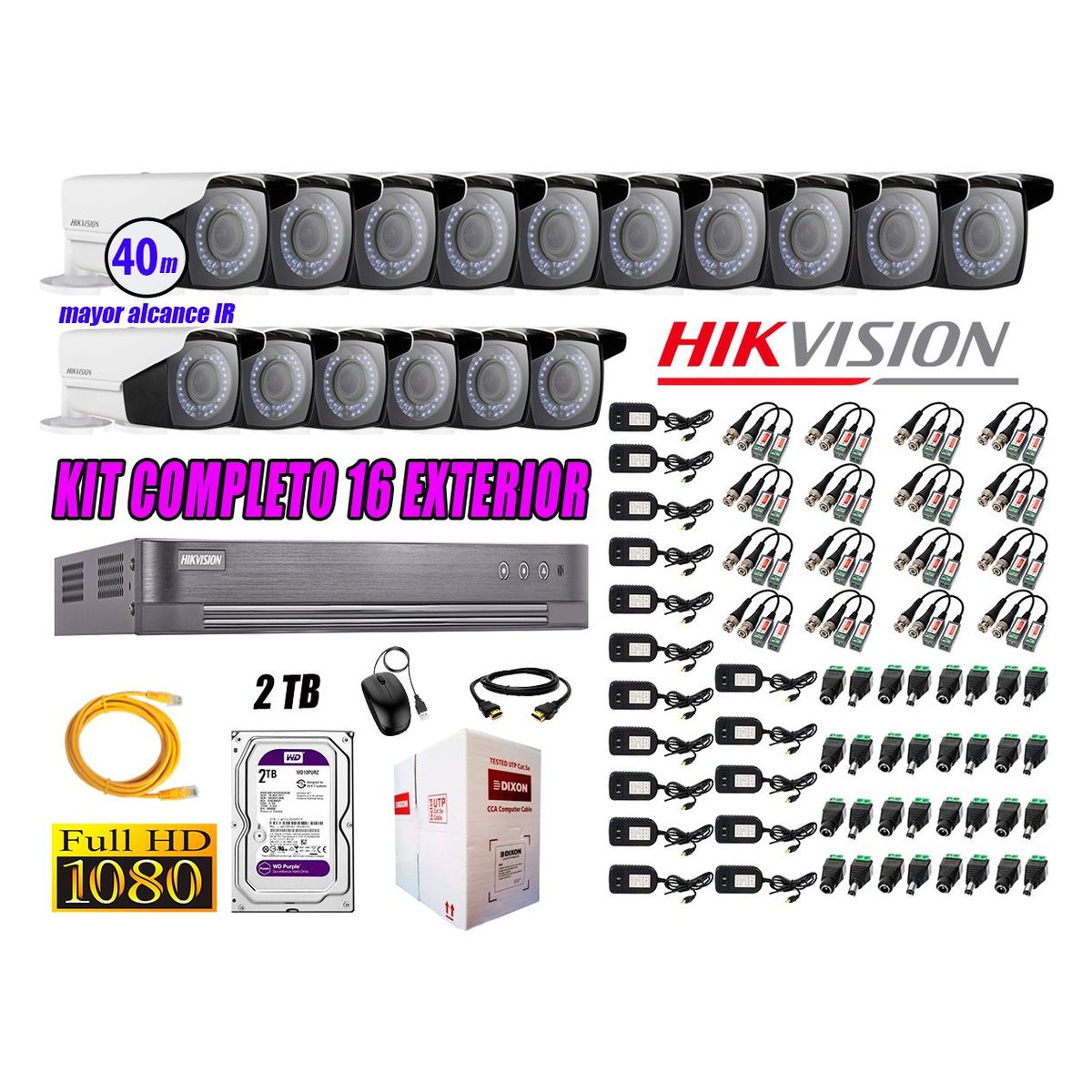 HIKVISION - Cámaras de Seguridad Exterior Varifocal Kit 16 Full HD 1080P + Disco 2TB WD CCTV P2P