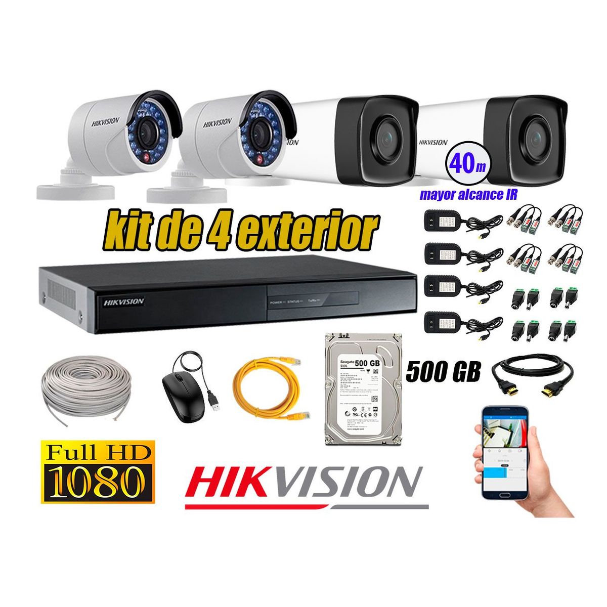 HIKVISION - Cámaras de Seguridad Exterior It3F Kit 4 Full HD 1080P + Disco 500GB KIT04-FHD-I2-F074