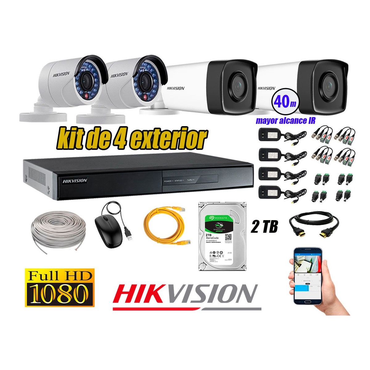 HIKVISION - Cámaras de Seguridad Exterior It3F Kit 4 Full HD 1080P + Disco 2TB WD CCTV KIT04-FHD-I2-F076
