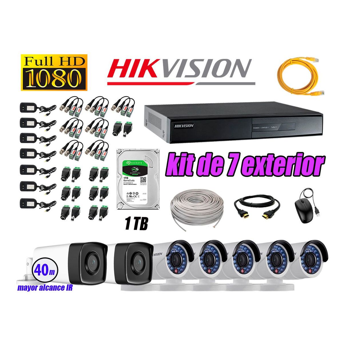 HIKVISION - Cámaras de Seguridad Exterior It3F Kit 7 Full HD 1080P + Disco 1TB WD CCTV P2P KIT07-FHD-I2-F081