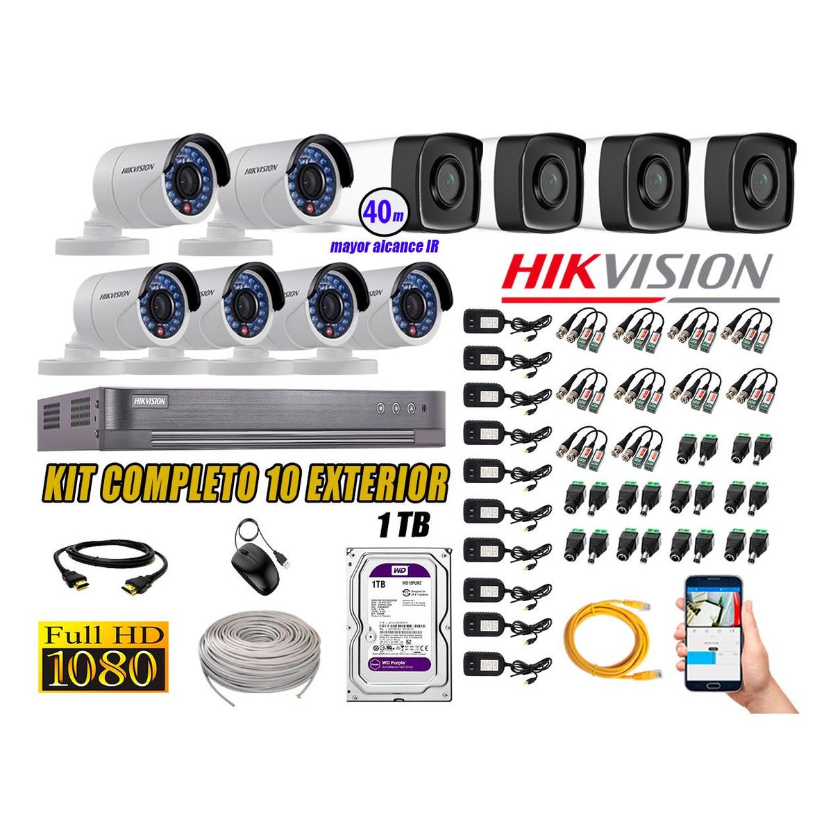 HIKVISION - Cámaras de Seguridad Exterior It3F Kit 10 Full HD 1080P + Disco 1TB WD CCTV P2P KIT10-FHD-I2-F085