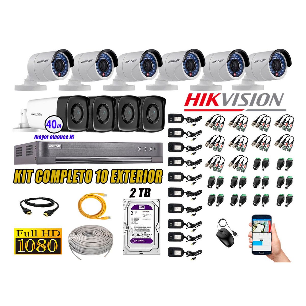 HIKVISION - Cámaras de Seguridad Exterior It3F Kit 10 Full HD 1080P + Disco 2TB WD CCTV KIT10-FHD-I2-F086
