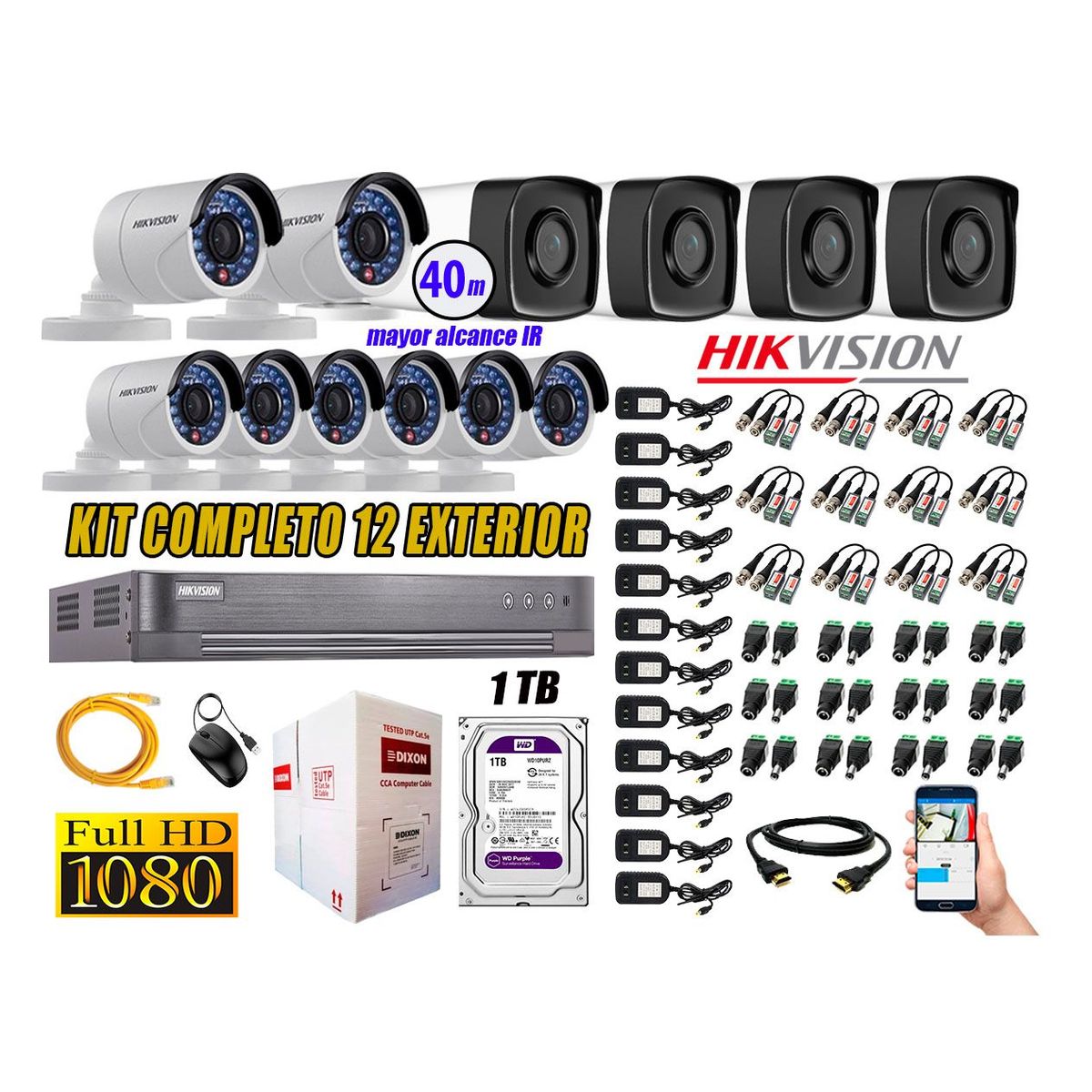HIKVISION - Cámaras de Seguridad Exterior It3F Kit 12 Full HD 1080P + Disco 1TB WD CCTV P2P KIT12-FHD-I2-F087