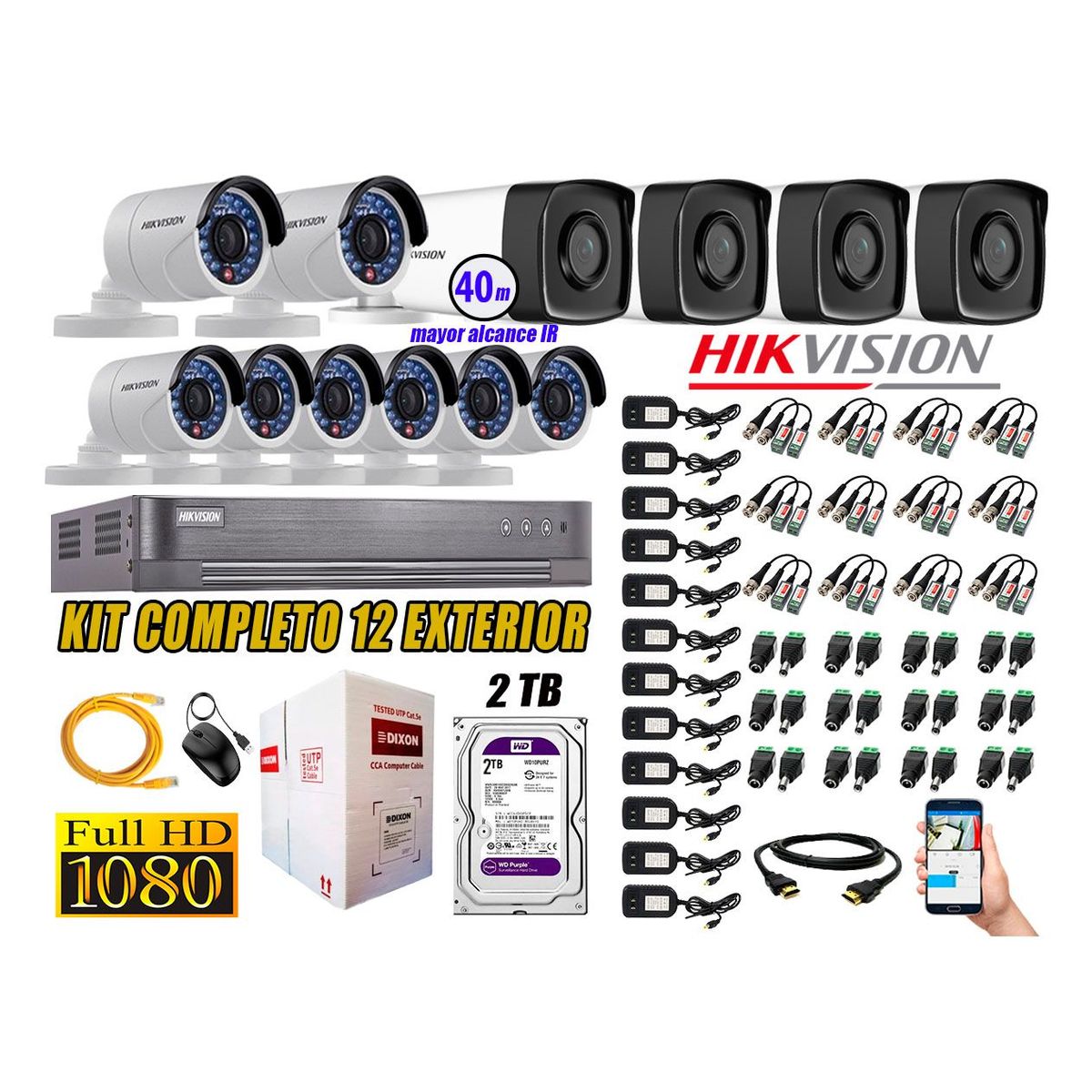 HIKVISION - Cámaras de Seguridad Exterior It3F Kit 12 Full HD 1080P + Disco 2TB WD CCTV KIT12-FHD-I2-F088