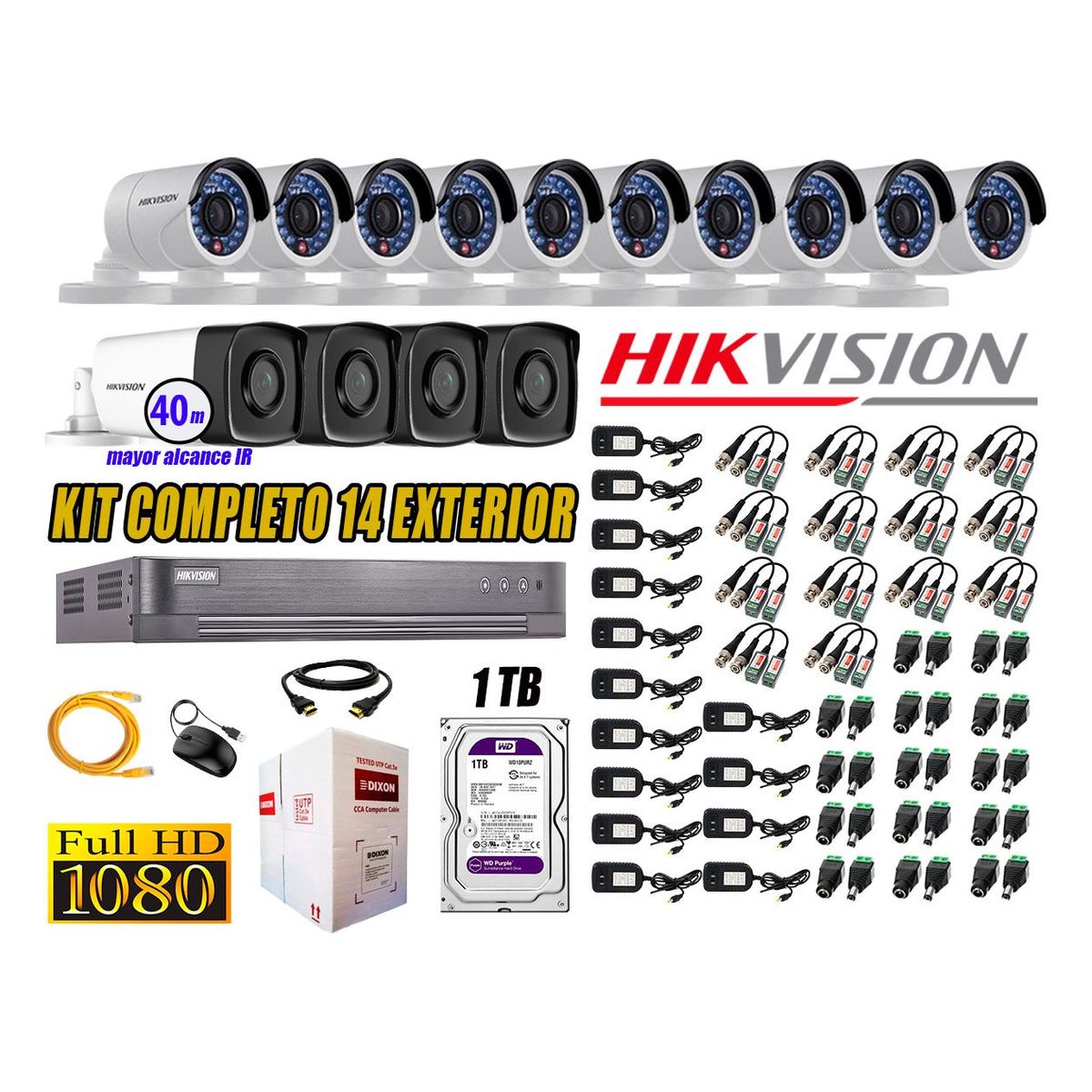 HIKVISION - Cámaras de Seguridad Exterior It3F Kit 14 Full HD 1080P + Disco 1TB WD CCTV P2P KIT14-FHD-I2-F089