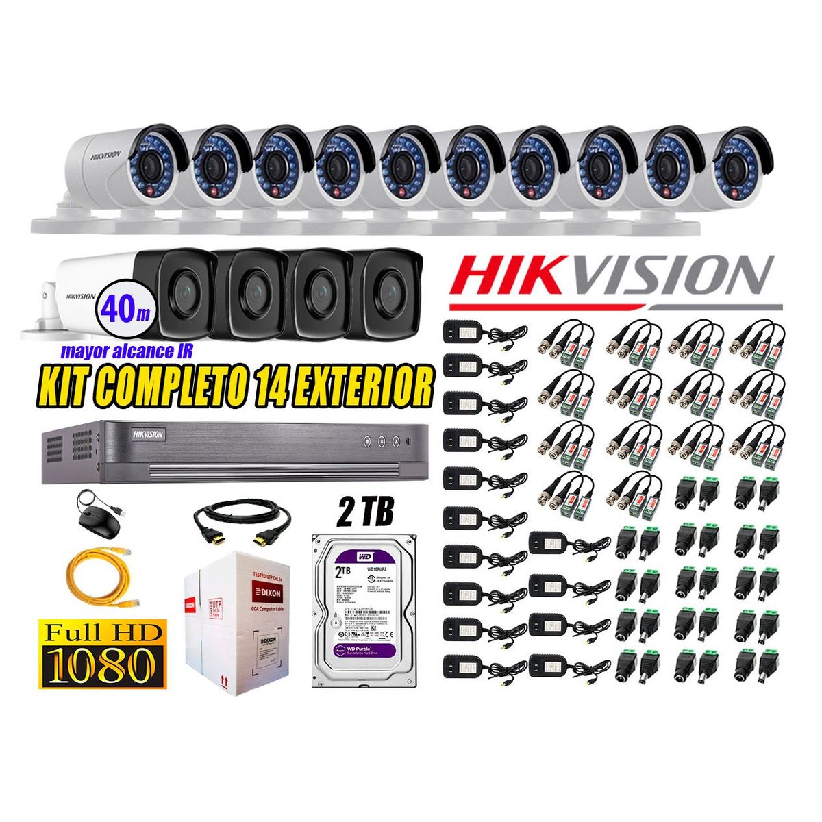 HIKVISION - Cámaras de Seguridad Exterior It3F Kit 14 Full HD 1080P + Disco 2TB WD CCTV KIT14-FHD-I2-F090