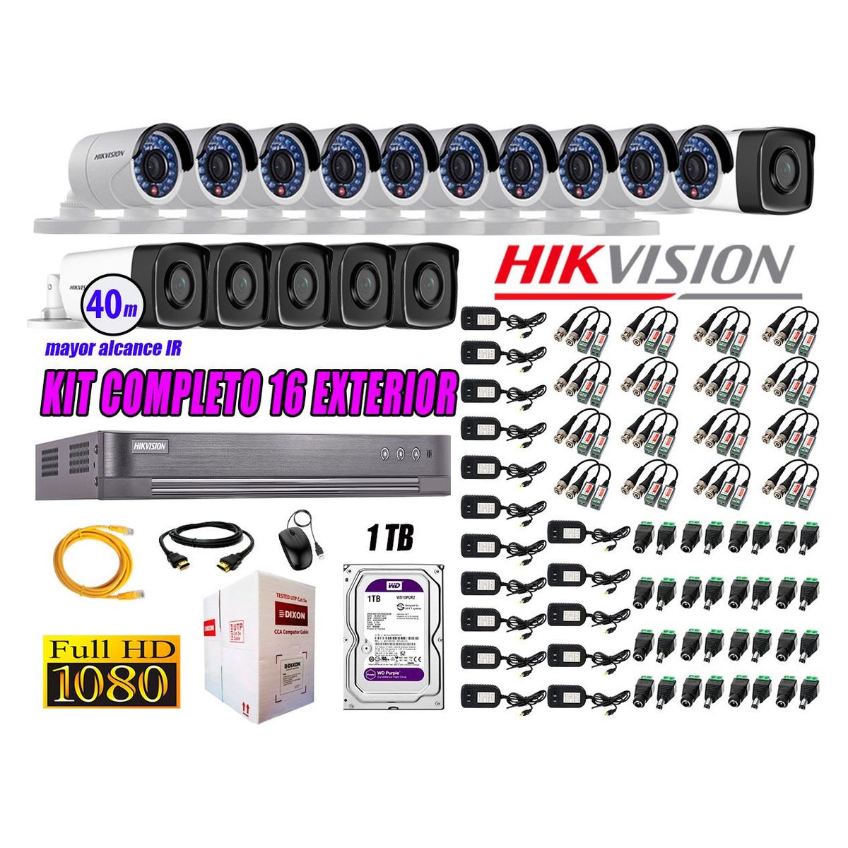 HIKVISION - Cámaras de Seguridad Exterior It3F Kit 16 Full HD 1080P + Disco 1TB WD CCTV P2P KIT16-FHD-I2-F091