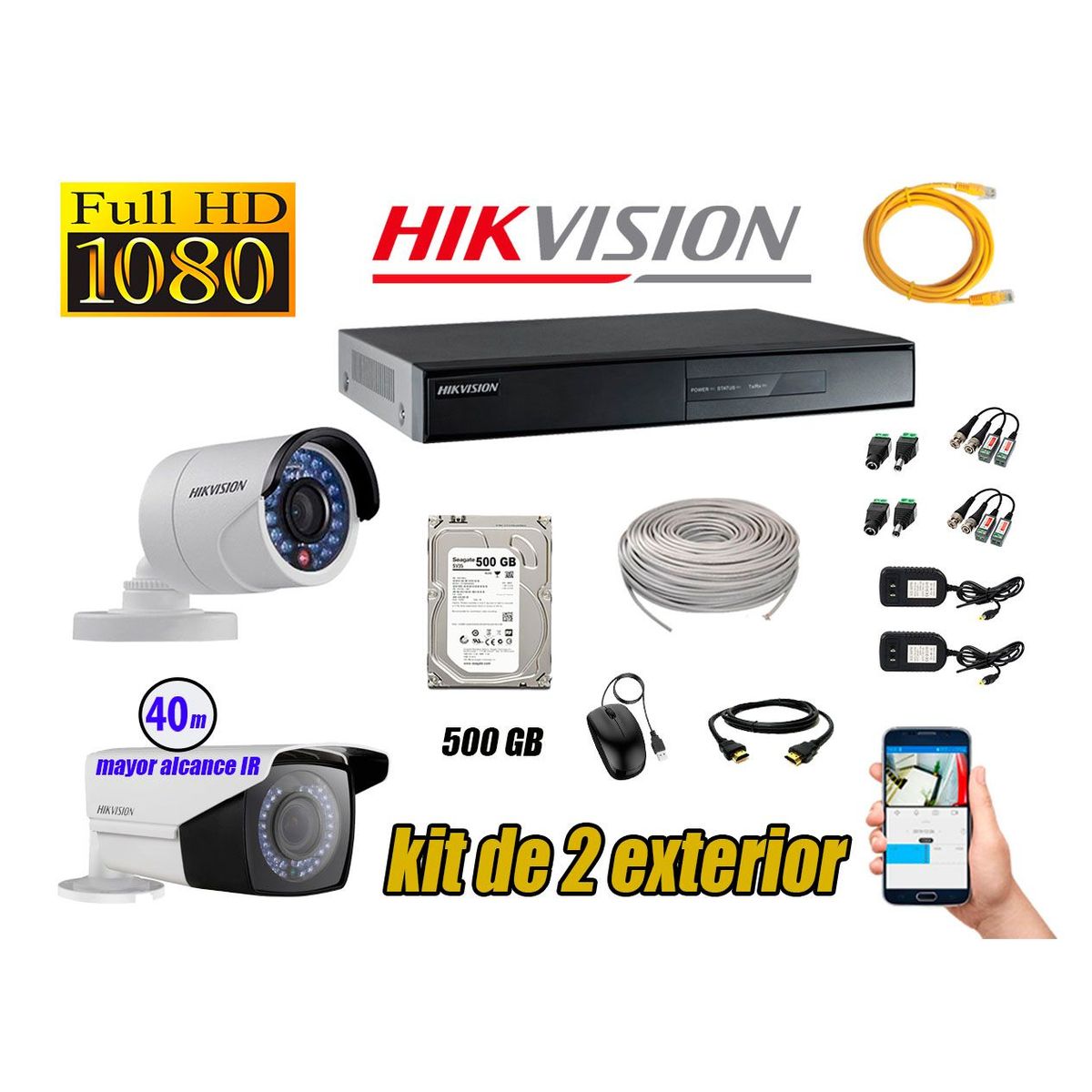 HIKVISION - Cámaras de Seguridad Exterior Varifocal Kit 2 Full HD 1080P + Disco 500GB P2P KIT02-FHD-V2-F093