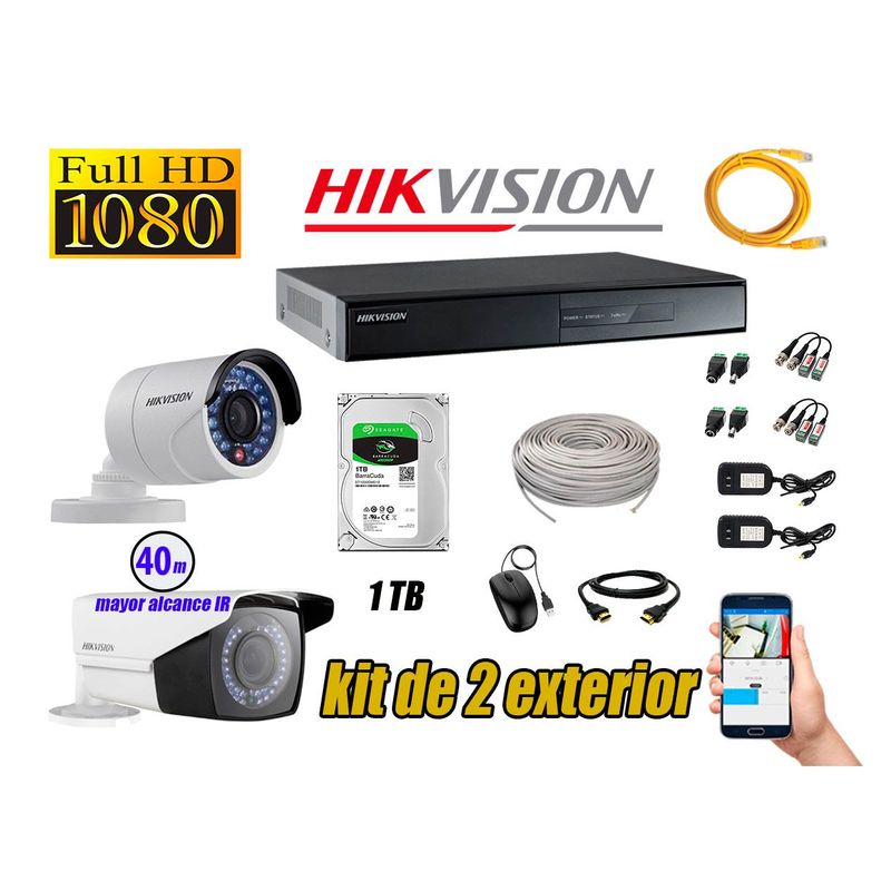HIKVISION - Cámaras de Seguridad Exterior Varifocal Kit 2 Full HD 1080P + Disco 1TB WD CCTV KIT02-FHD-V2-F094