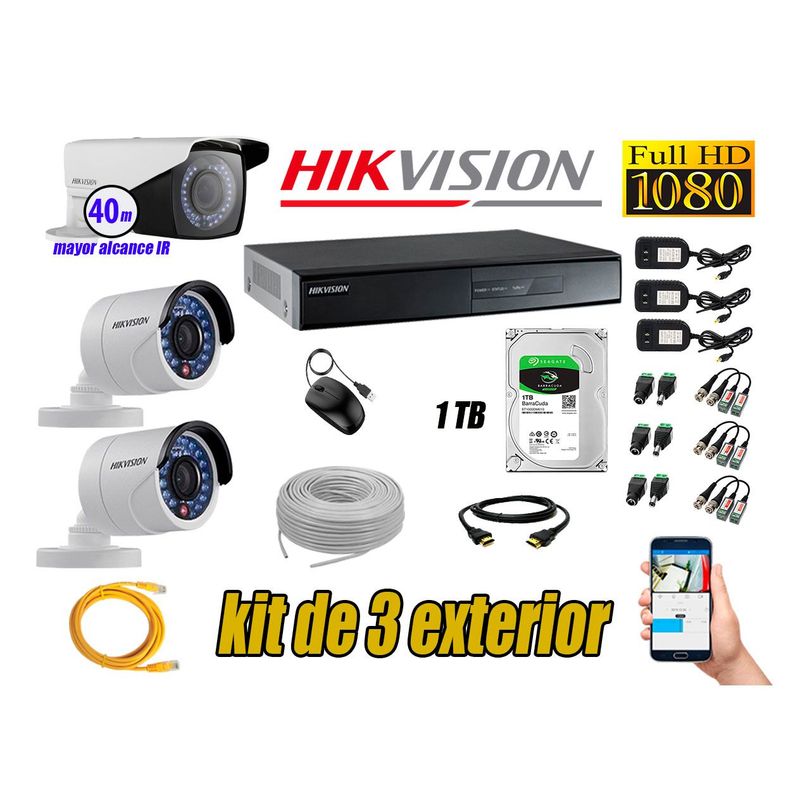 HIKVISION - Cámaras de Seguridad Exterior Varifocal Kit 3 Full HD 1080P + Disco 1TB WD CCTV KIT03-FHD-V2-F096