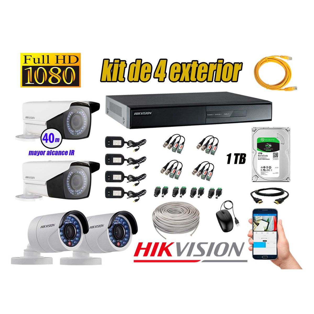 HIKVISION - Cámaras de Seguridad Exterior Varifocal Kit 4 Full HD 1080P + Disco 1TB WD CCTV KIT04-FHD-V2-F098