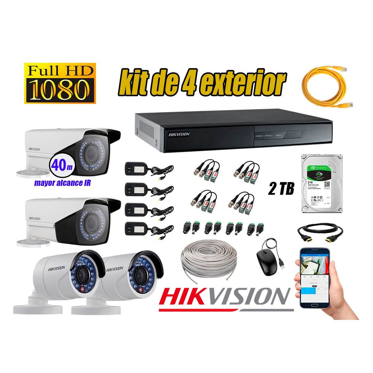 HIKVISION - Cámaras de Seguridad Exterior Varifocal Kit 4 FullHD 1080P + Disco 2TB CCTV P2P