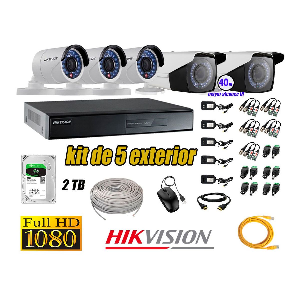 HIKVISION - Cámaras de Seguridad Exterior Varifocal Kit 5 FullHD 1080P + Disco 2TB CCTV P2P