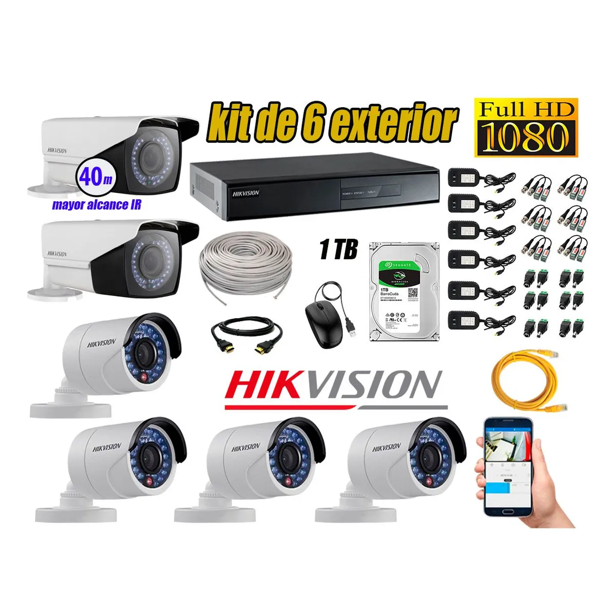 HIKVISION - Cámaras de Seguridad Exterior Varifocal Kit 6 Full HD 1080P + Disco 1TB WD CCTV