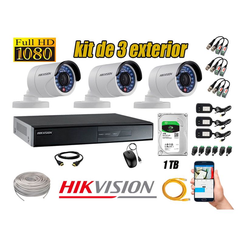 HIKVISION - Cámaras de Seguridad Exterior Kit 3 Full HD 1080P + Disco 1TB WD CCTV