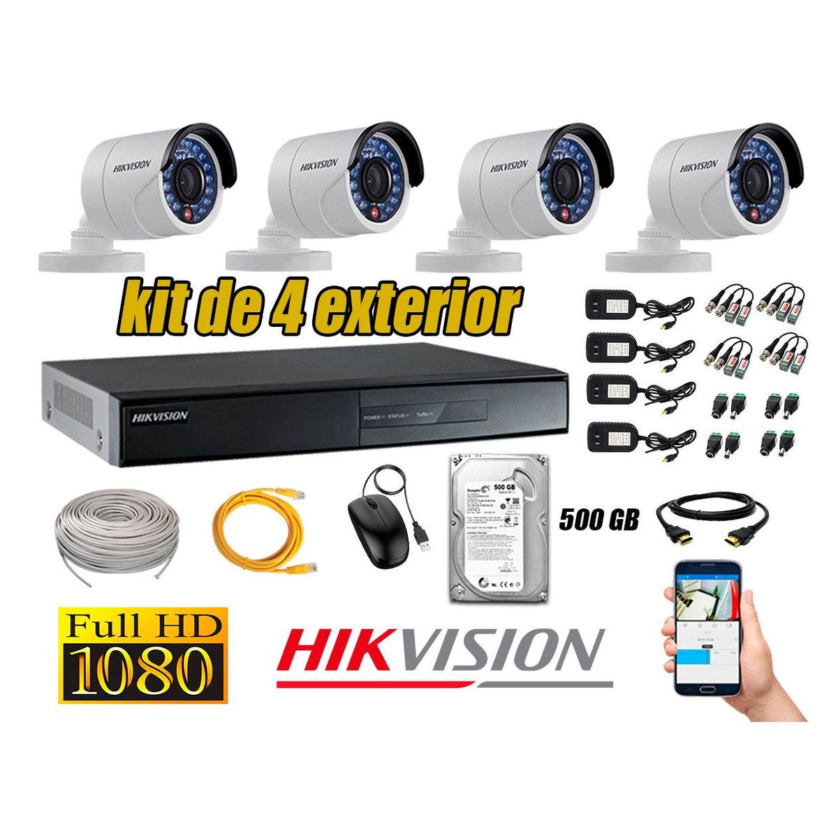 HIKVISION - Cámaras de Seguridad Exterior Kit 4 Full HD 1080P + Disco 500GB P2P