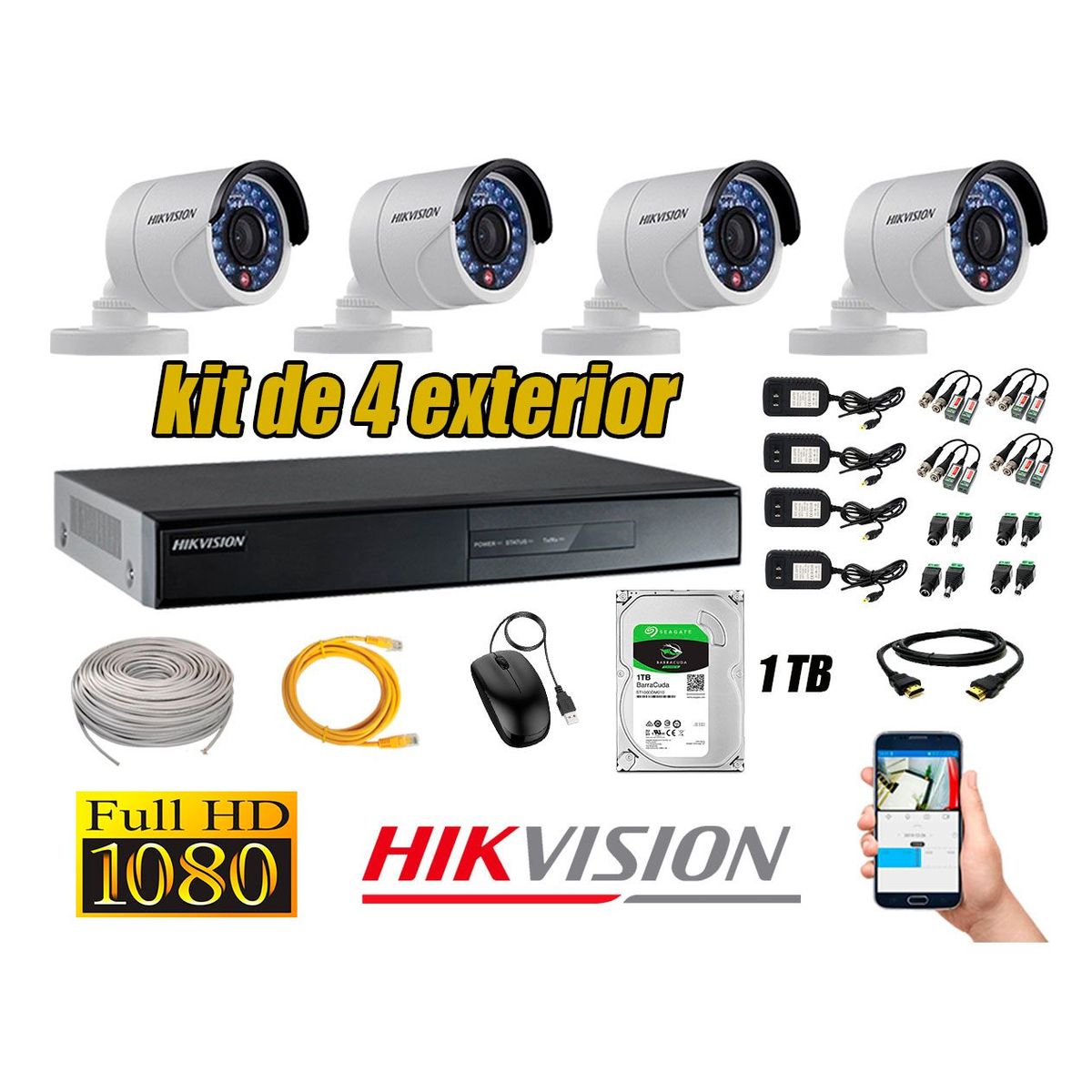 HIKVISION - Cámaras de Seguridad Exterior Kit 4 Full HD 1080P + Disco 1TB WD CCTV