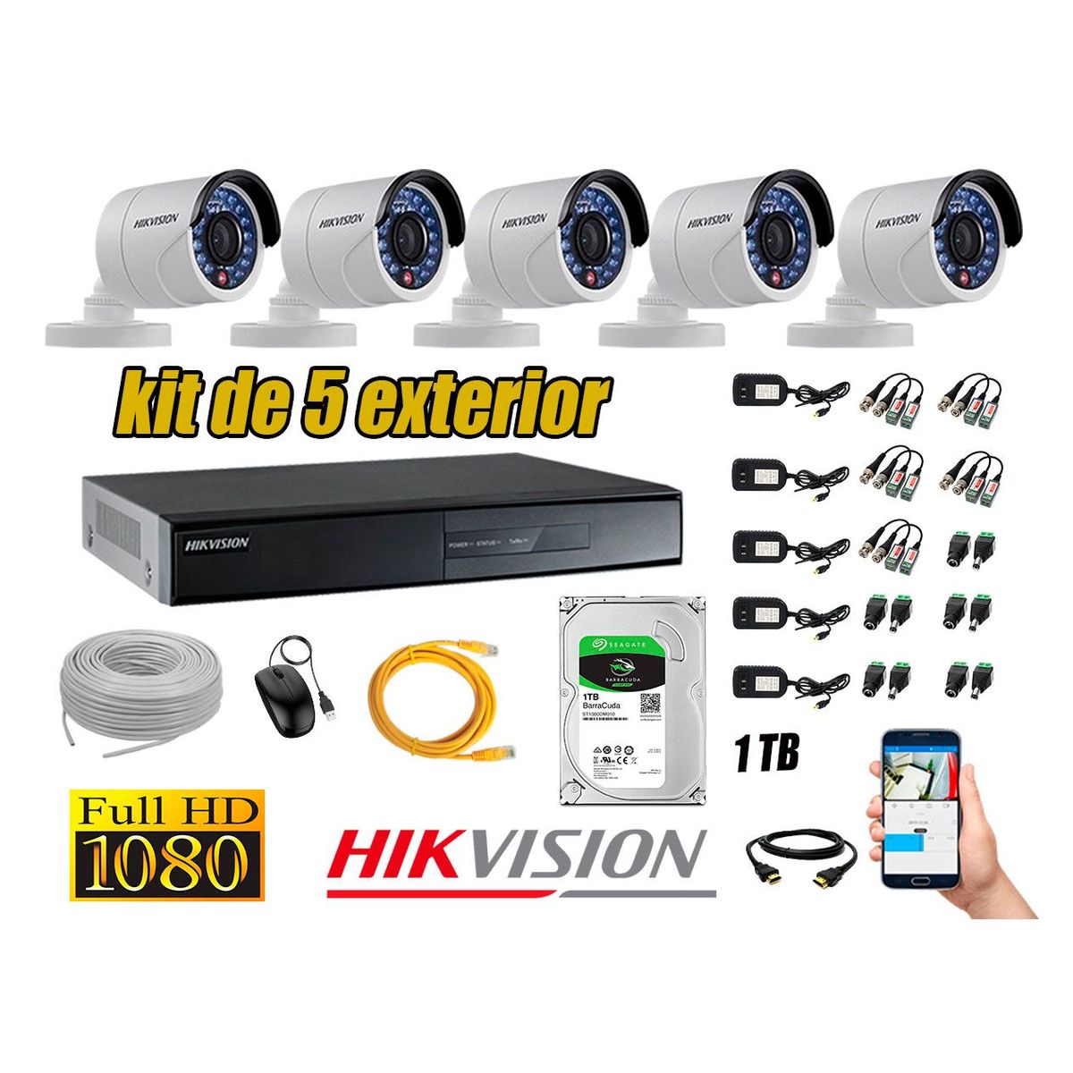 HIKVISION - Cámaras de Seguridad Exterior Kit 5 Full HD 1080P + Disco 1TB WD CCTV