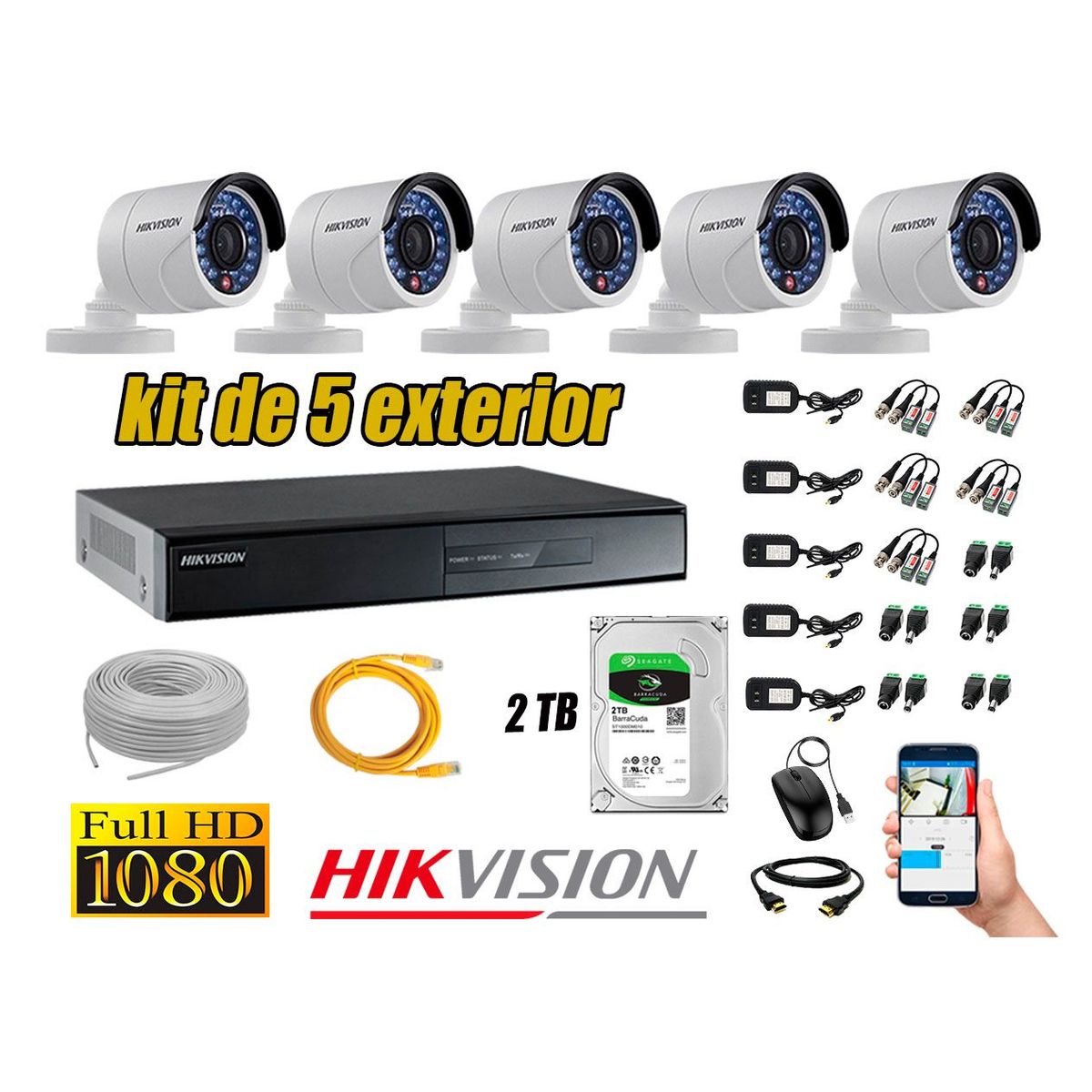 HIKVISION - Cámaras de Seguridad Exterior Kit 5 Full HD 1080P + Disco 2TB WD CCTV P2P