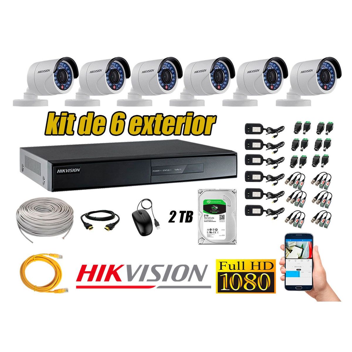 HIKVISION - Cámaras de Seguridad Exterior Kit 6 Full HD 1080P + Disco 2TB WD CCTV P2P