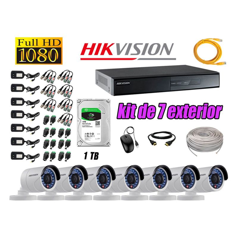 HIKVISION - Cámaras de Seguridad Exterior Kit 7 Full HD 1080P + Disco 1TB WD CCTV