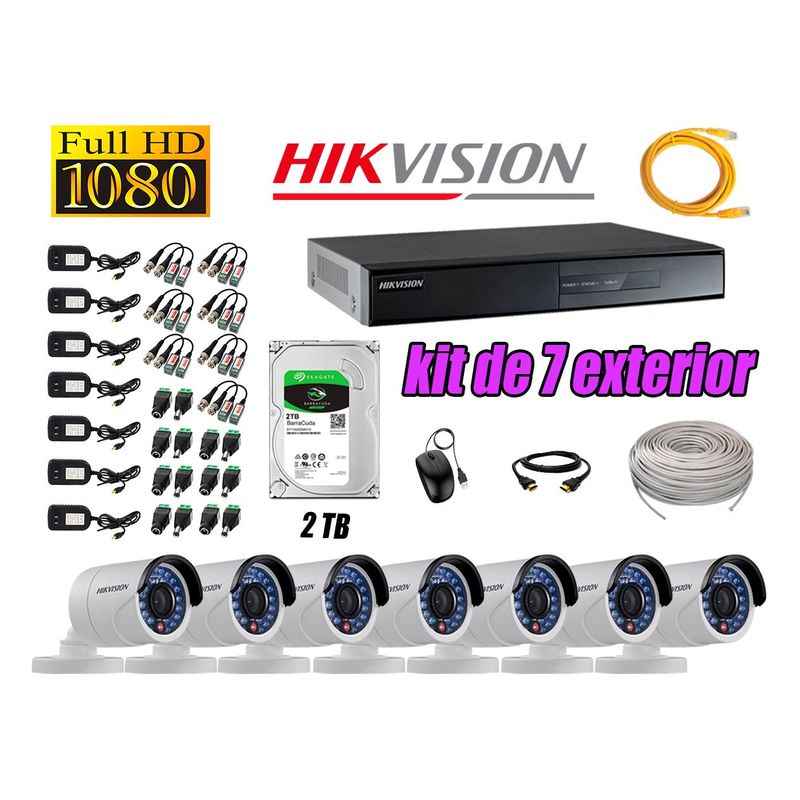 HIKVISION - Cámaras de Seguridad Exterior Kit 7 Full HD 1080P + Disco 2TB WD CCTV P2P