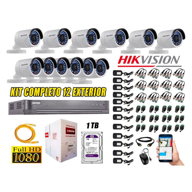 HIKVISION - Cámaras de Seguridad Exterior Kit 12 Full HD 1080P + Disco 1TB WD CCTV