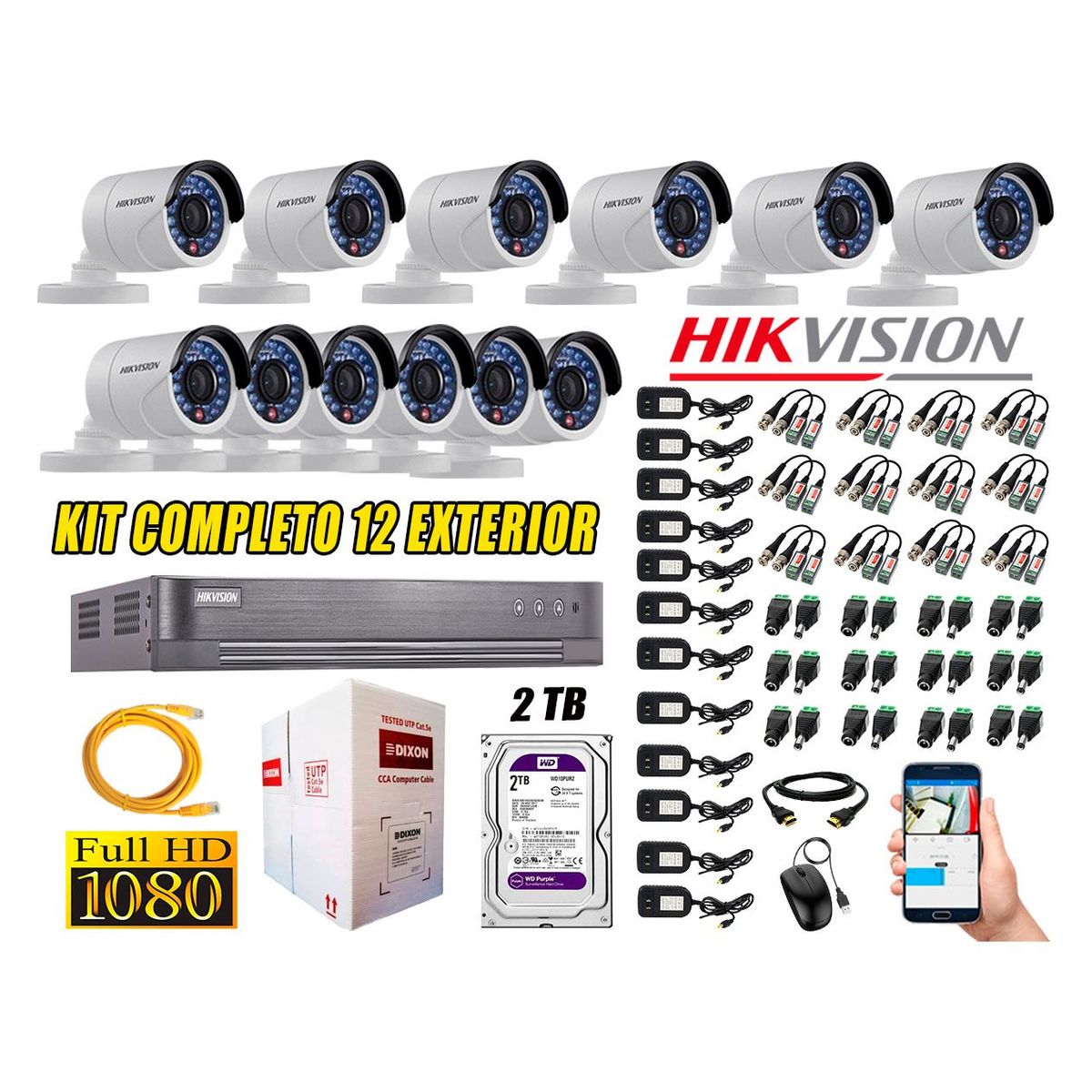 HIKVISION - Cámaras de Seguridad Exterior Kit 12 Full HD 1080P + Disco 2TB WD CCTV P2P