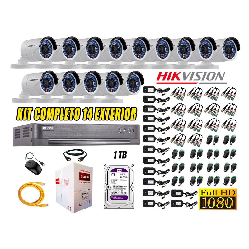 HIKVISION - Cámaras de Seguridad Exterior Kit 14 Full HD 1080P + Disco 1TB WD CCTV