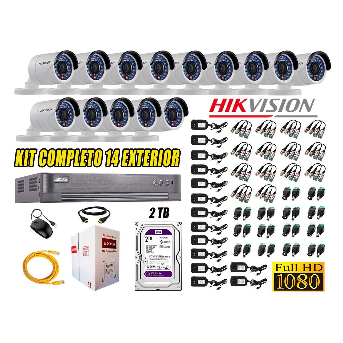 HIKVISION - Cámaras de Seguridad Exterior Kit 14 Full HD 1080P + Disco 2TB WD CCTV P2P