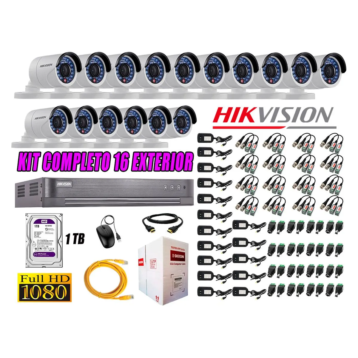 HIKVISION - Cámaras de Seguridad Exterior Kit 16 Full HD 1080P + Disco 1TB WD CCTV