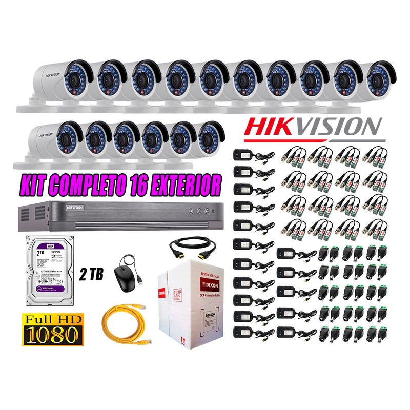 HIKVISION - Cámaras de Seguridad Exterior Kit 16 Full HD 1080P + Disco 2TB WD CCTV P2P