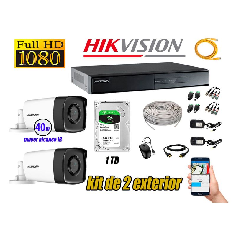 HIKVISION - Cámaras de Seguridad Exterior It3F Kit 2 Full HD 1080P + Disco 1TB WD CCTV