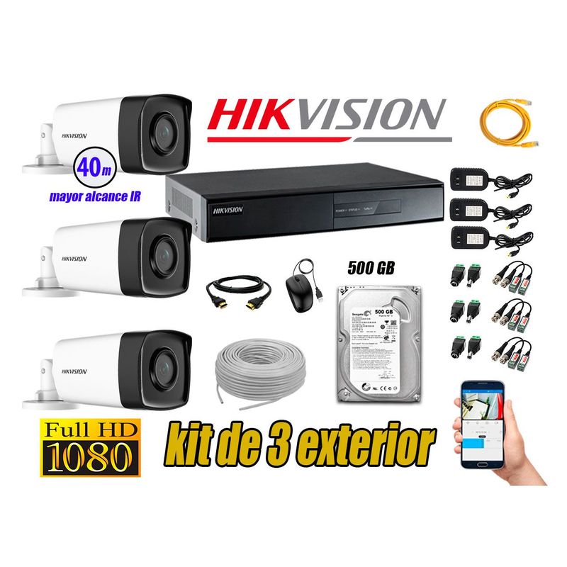 HIKVISION - Cámaras de Seguridad Exterior It3F Kit 3 Full HD 1080P + Disco 500GB
