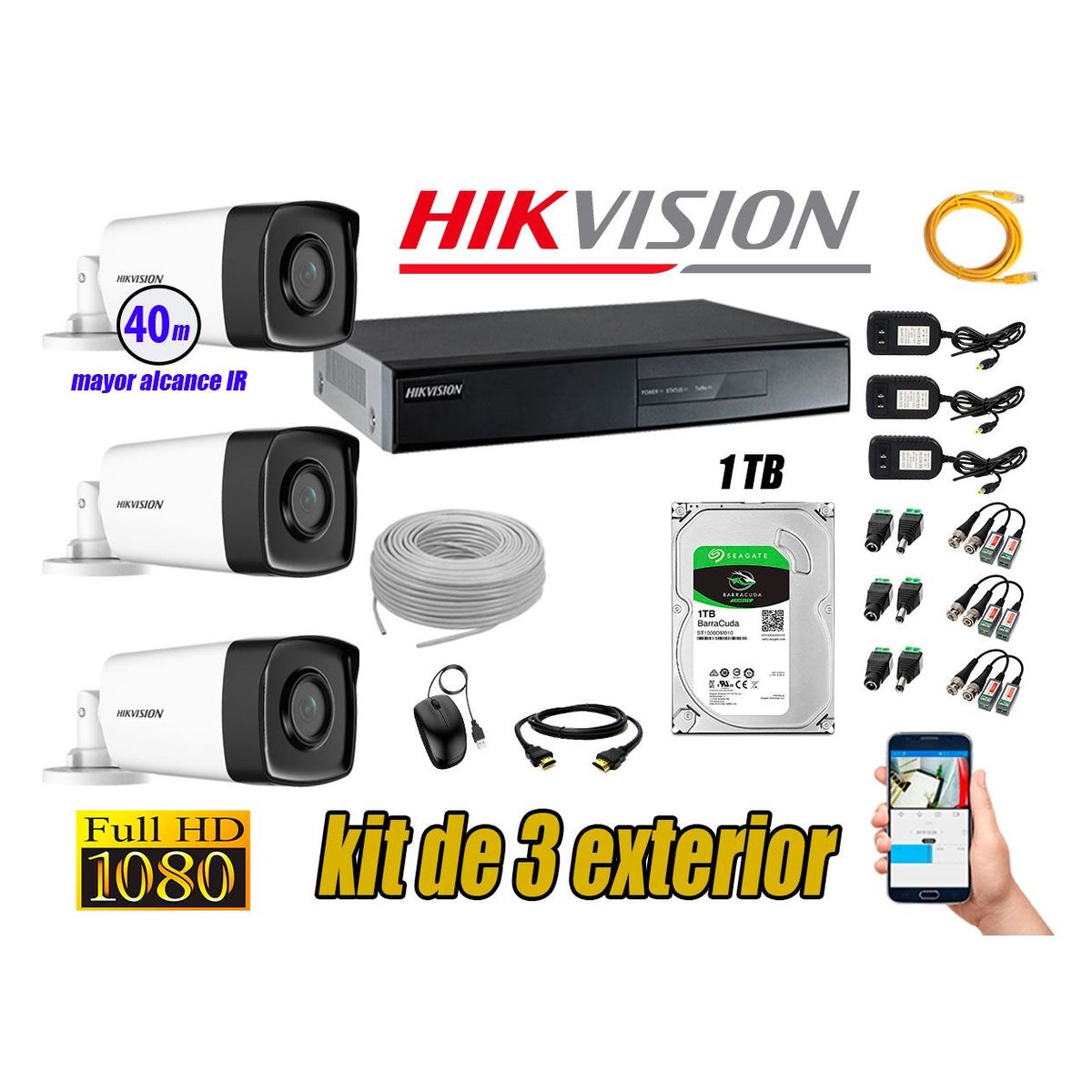 HIKVISION - Cámaras de Seguridad Exterior It3F Kit 3 Full HD 1080P + Disco 1TB WD CCTV P2P