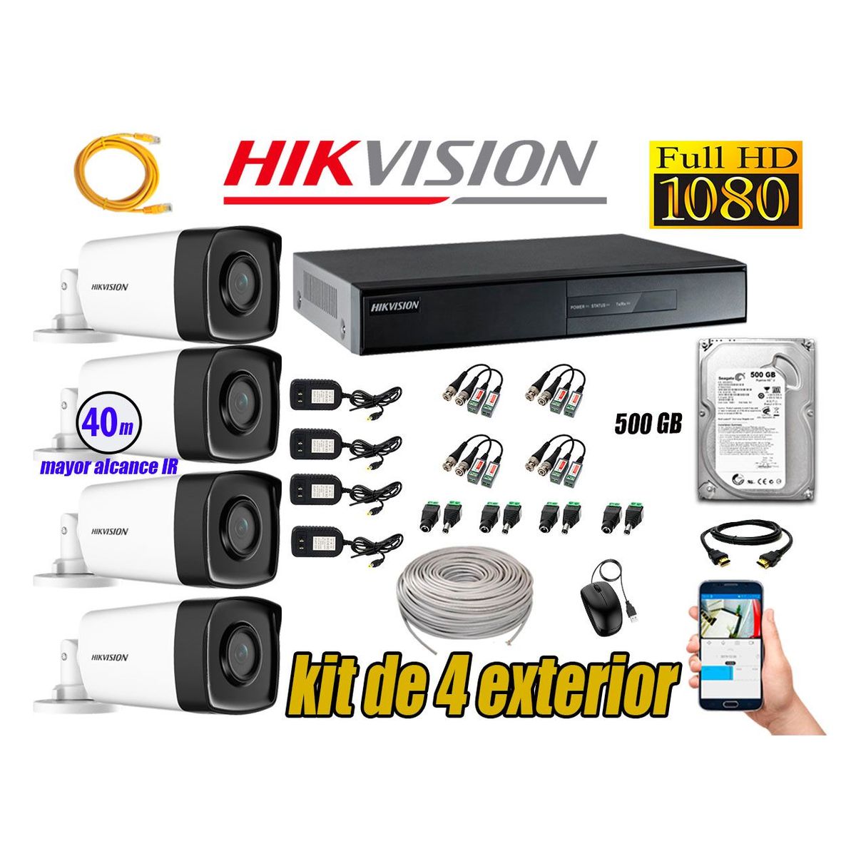 HIKVISION - Cámaras de Seguridad Exterior It3F Kit 4 Full HD 1080P + Disco 500GB