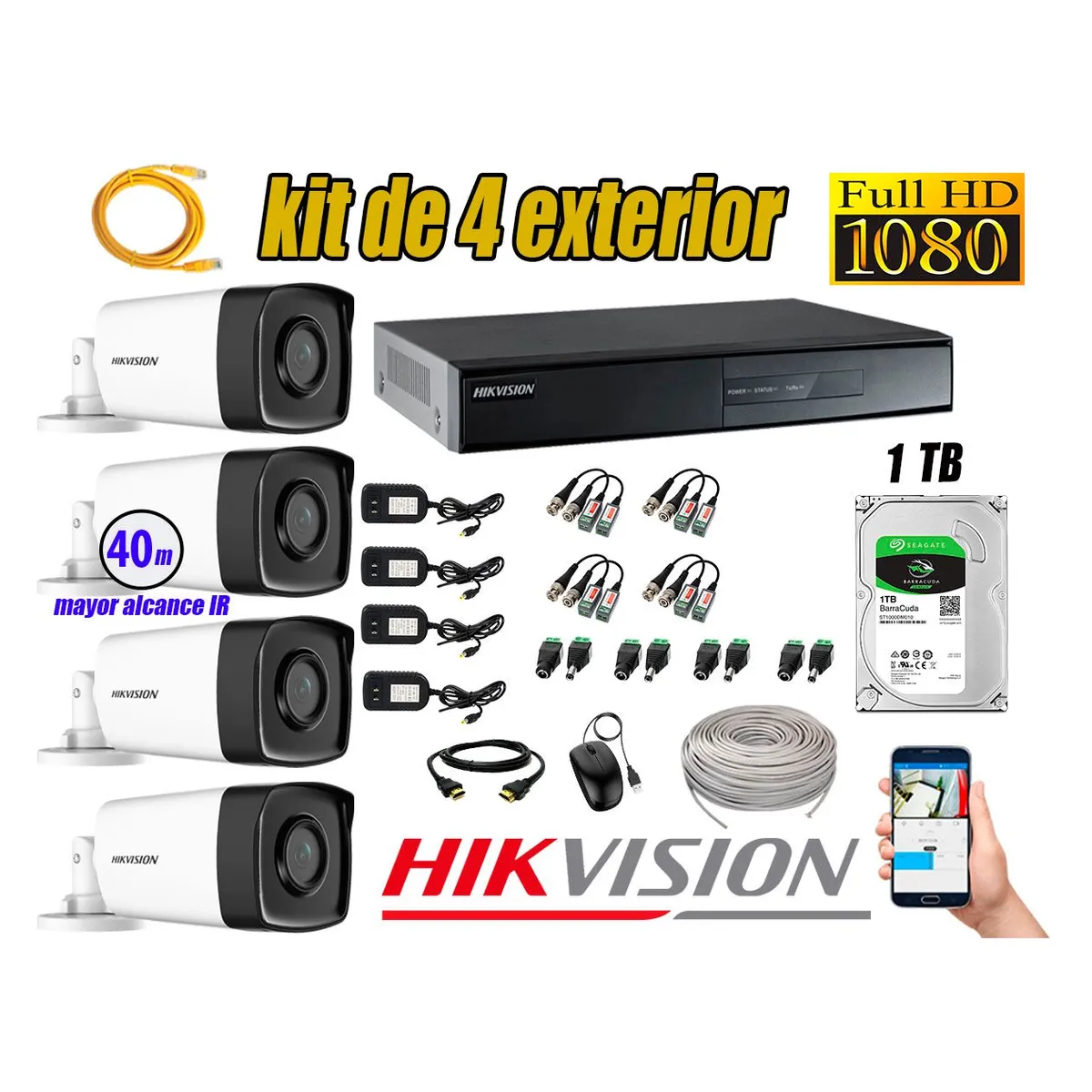 Cámaras de Seguridad Exterior It3F Kit 4 Full HD 1080P + Disco 1TB WD CCTV P2P, marca Hikvision - Foto Principal