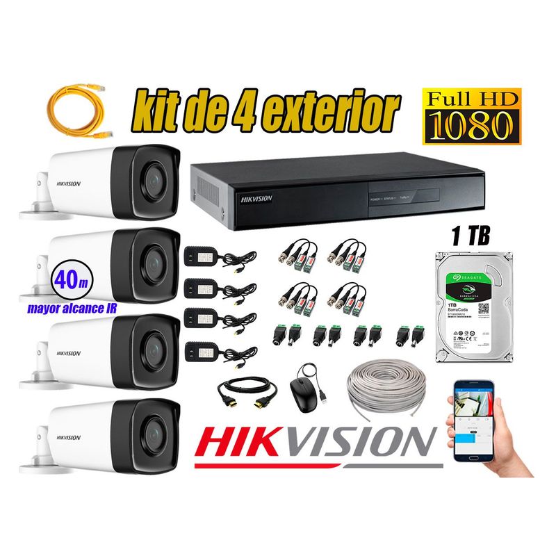 HIKVISION - Cámaras de Seguridad Exterior It3F Kit 4 Full HD 1080P + Disco 1TB WD CCTV P2P