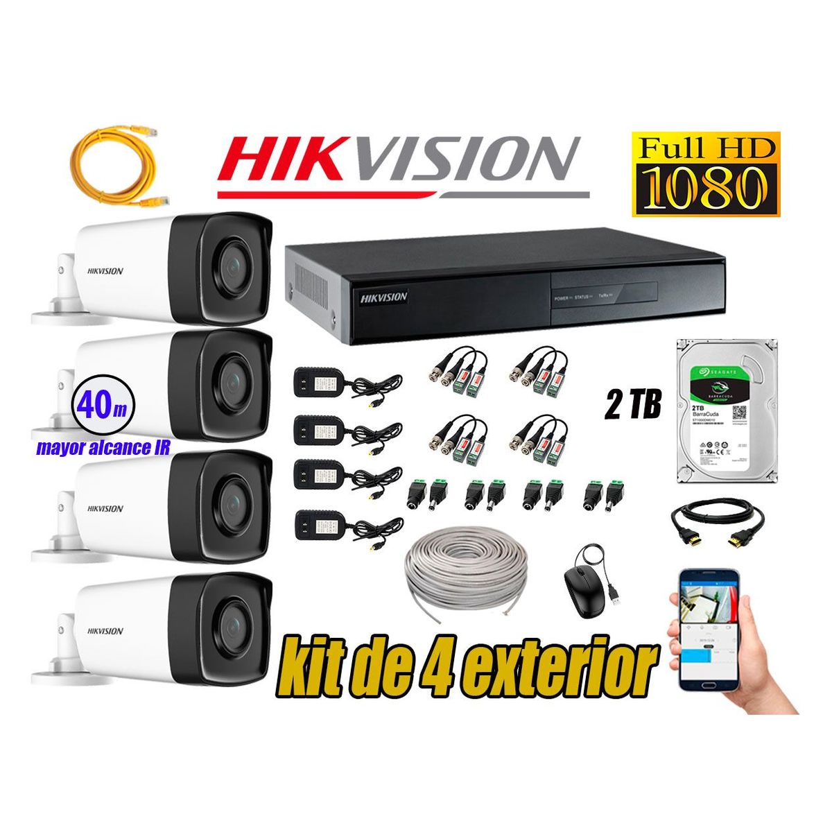 HIKVISION - Cámaras de Seguridad Exterior It3F Kit 4 Full HD 1080P + Disco 2TB WD CCTV