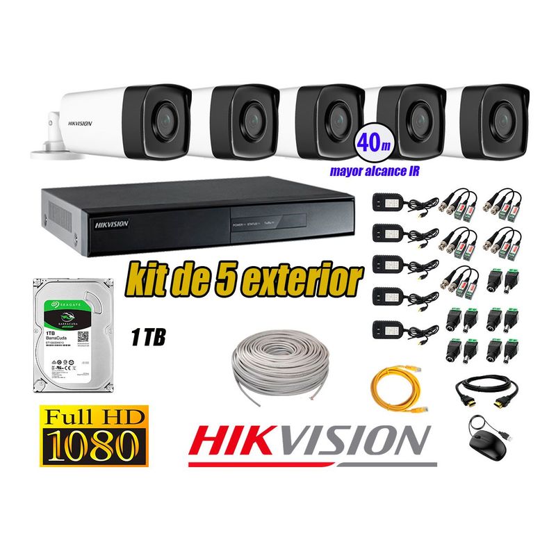 HIKVISION - Cámaras de Seguridad Exterior It3F Kit 5 Full HD 1080P + Disco 1TB WD CCTV P2P