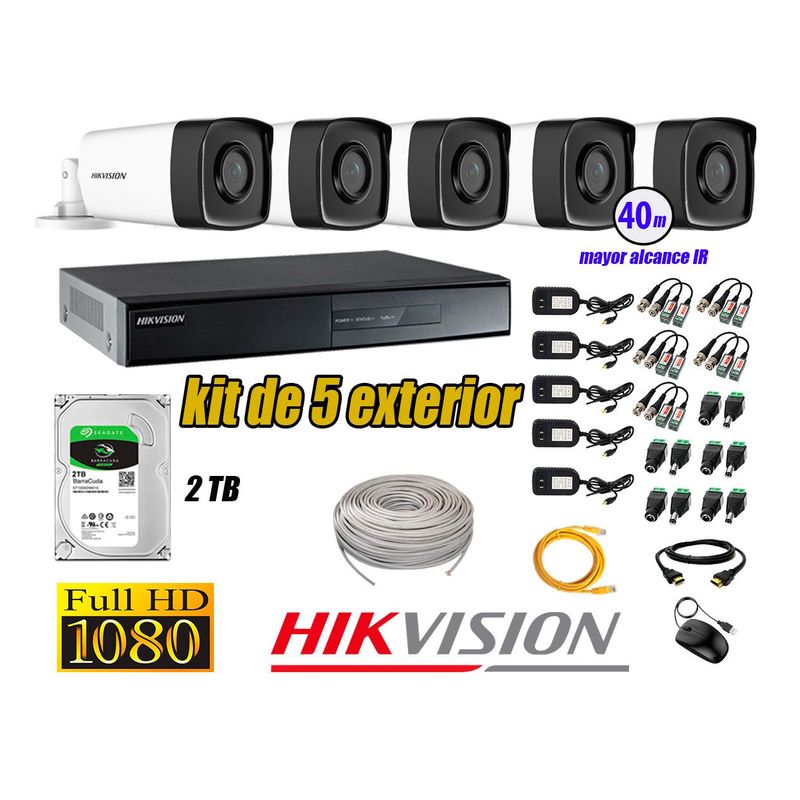 HIKVISION - Cámaras de Seguridad Exterior It3F Kit 5 Full HD 1080P + Disco 2TB WD CCTV