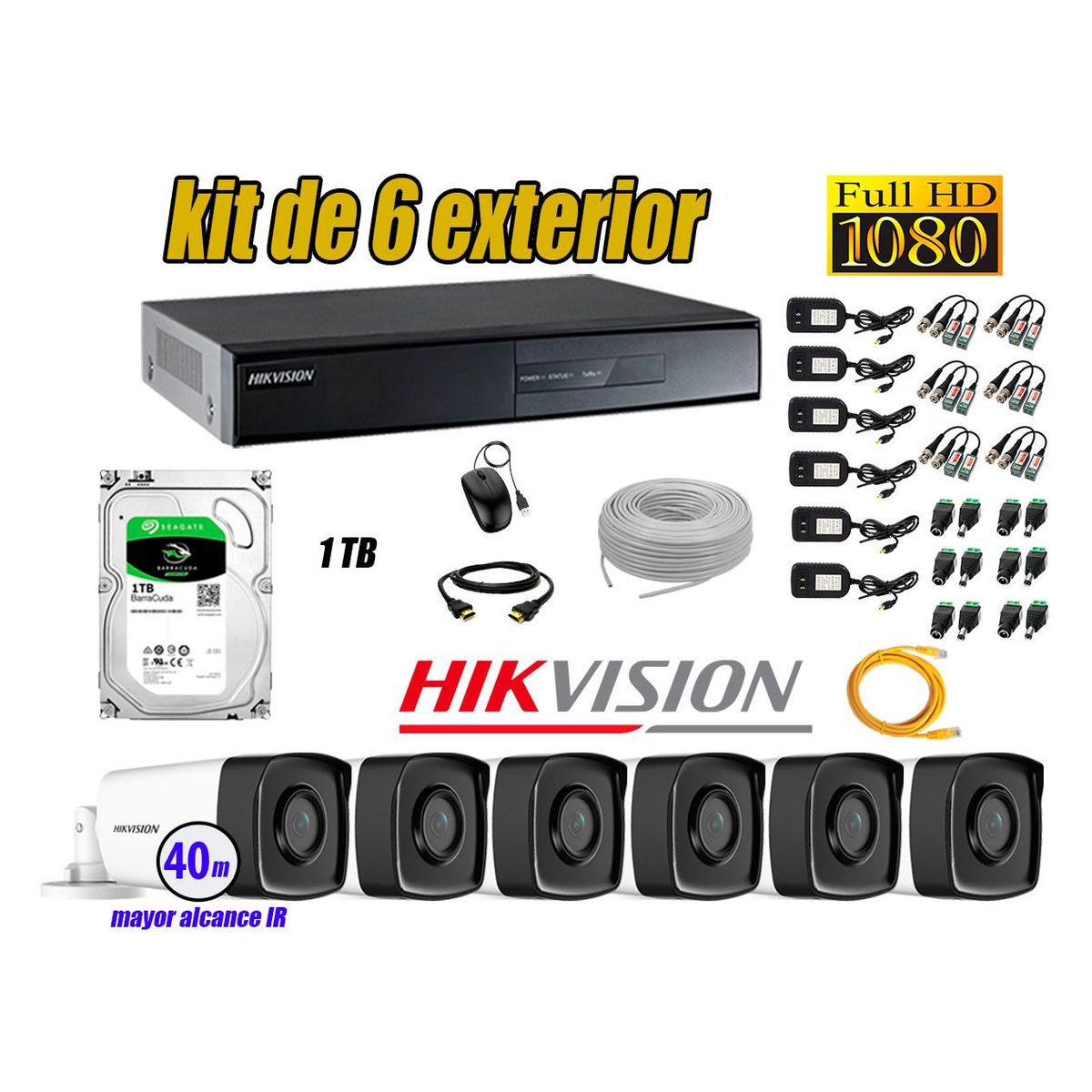 HIKVISION - Cámaras de Seguridad Exterior It3F Kit 6 Full HD 1080P + Disco 1TB WD CCTV P2P