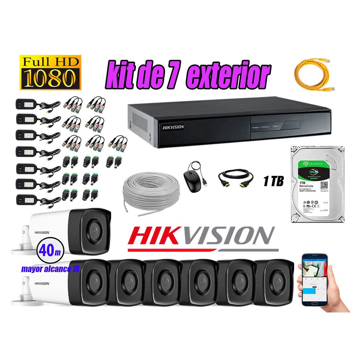 HIKVISION - Cámaras de Seguridad Exterior It3F Kit 7 Full HD 1080P + Disco 1TB WD CCTV P2P
