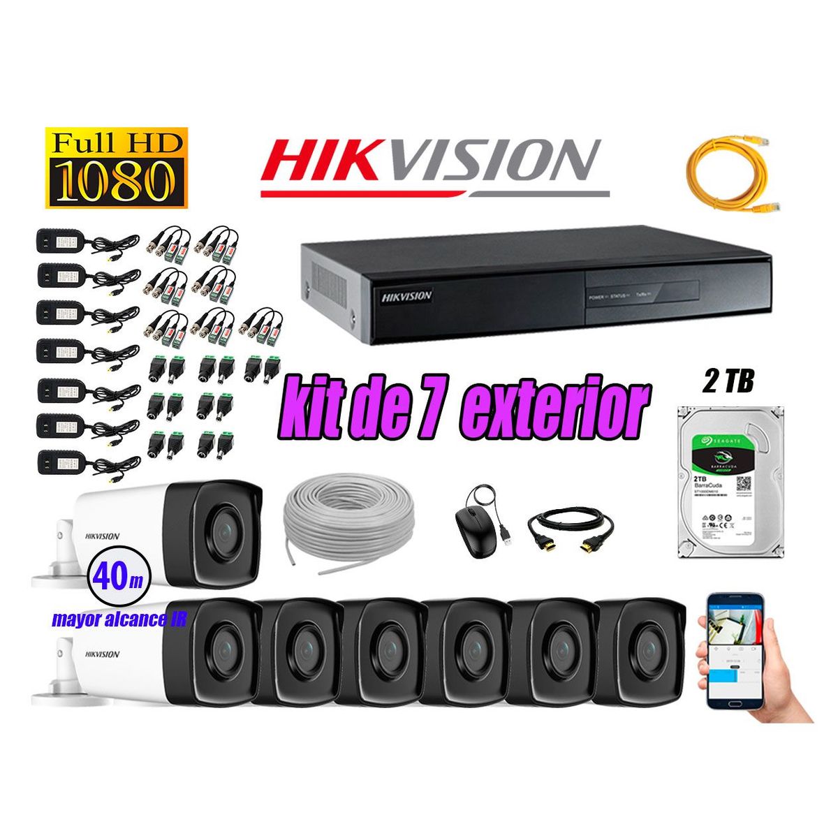 HIKVISION - Cámaras de Seguridad Exterior It3F Kit 7 Full HD 1080P + Disco 2TB WD CCTV
