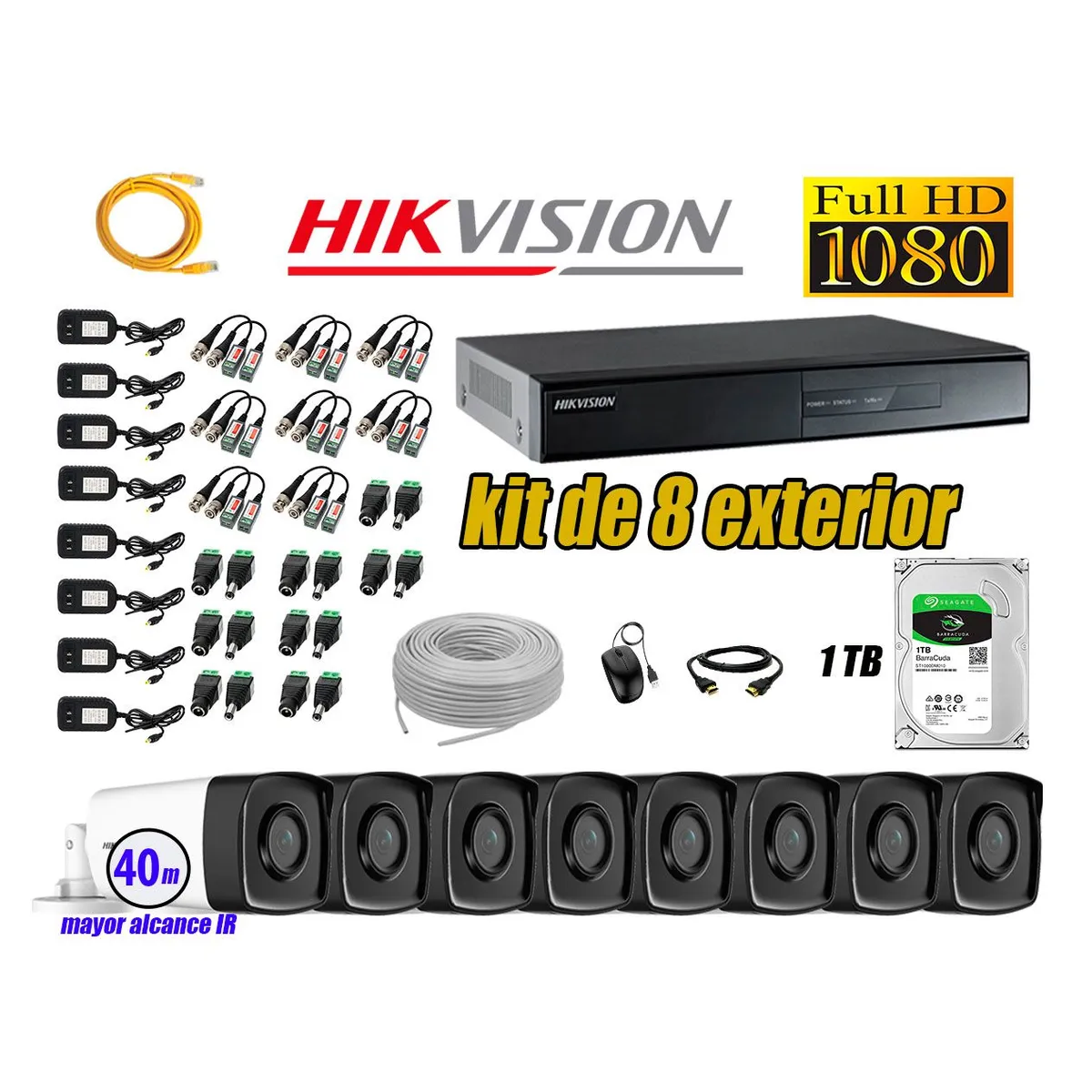 HIKVISION - Cámaras de Seguridad Exterior It3F Kit 8 Full HD 1080P + Disco 1TB WD CCTV P2P